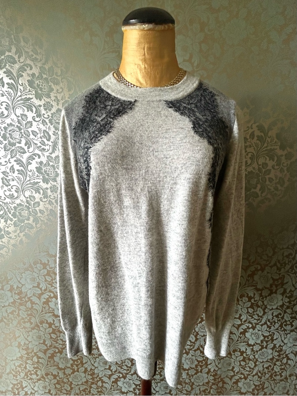J. Crew Romantic Lace Detailed Crew Neck Sweater Gray and Black Size Medium